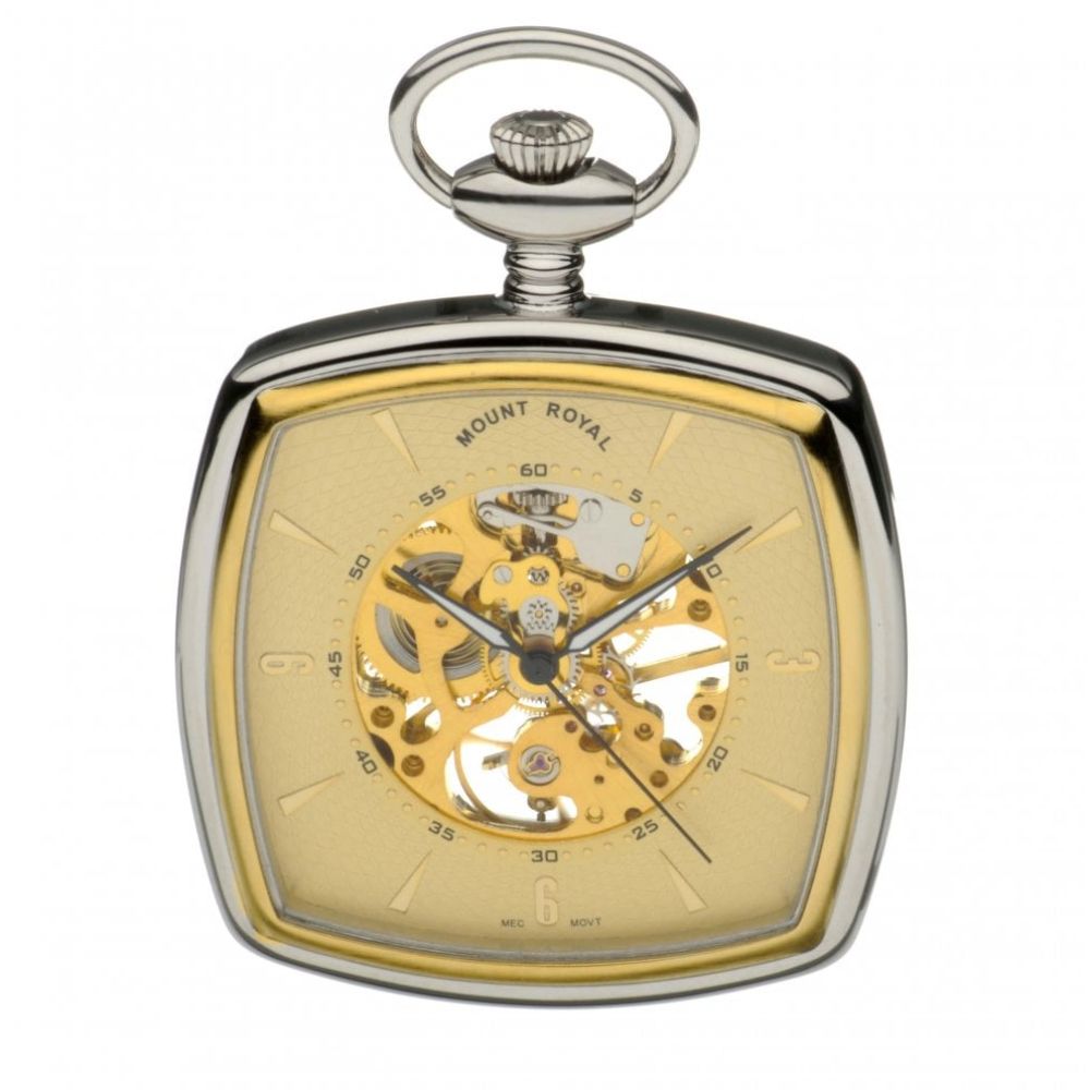 Chrome Polished Two Tone Mechanical Open Face Square Pocket Watch