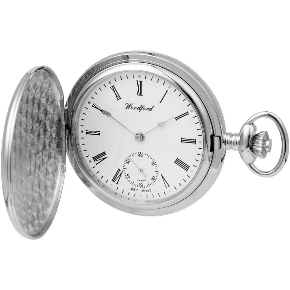 Chrome Plated Full Hunter Mechanical Pocket Watch With Chain