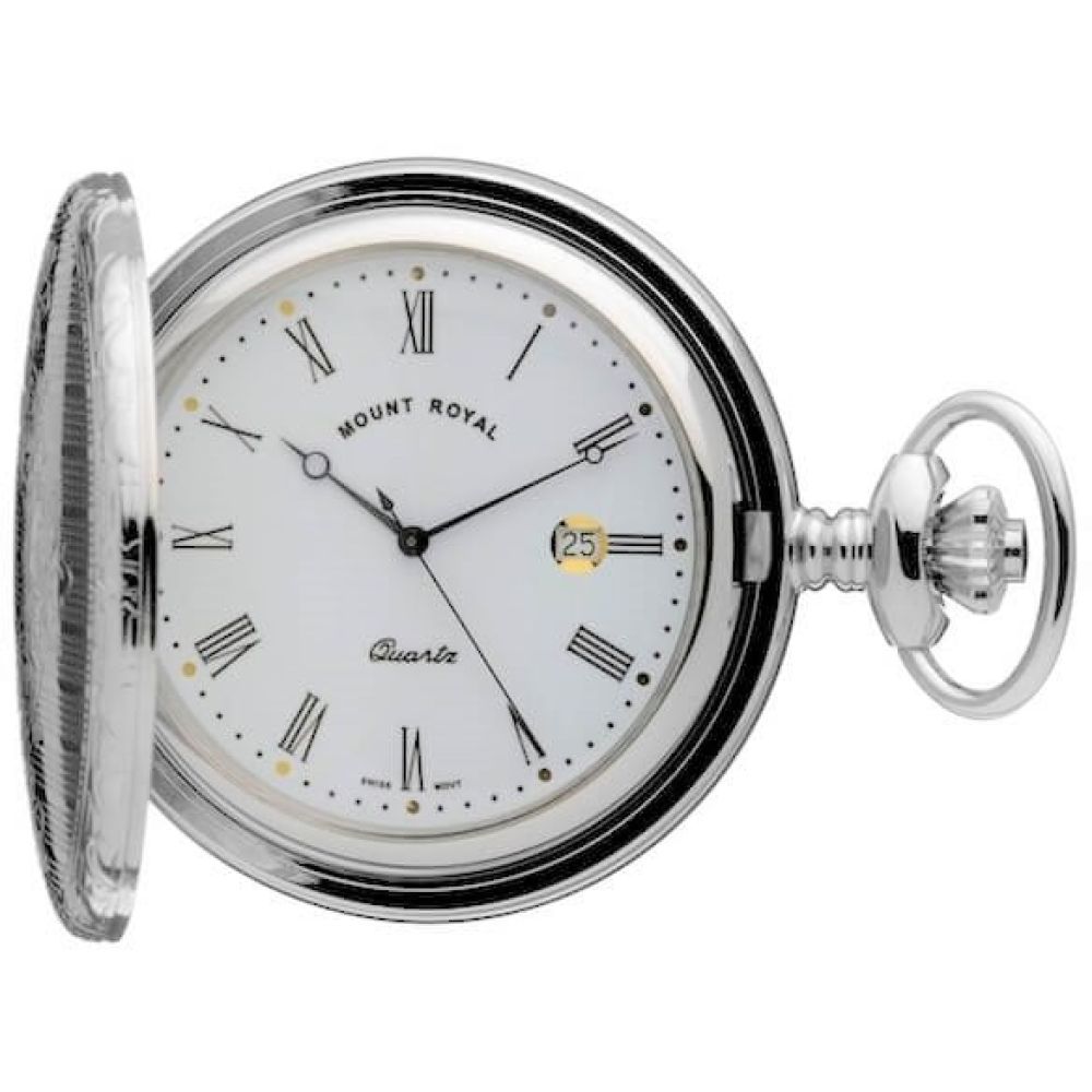 Chrome Polished Full Hunter Quartz Pocket Watch with Roman Indexes