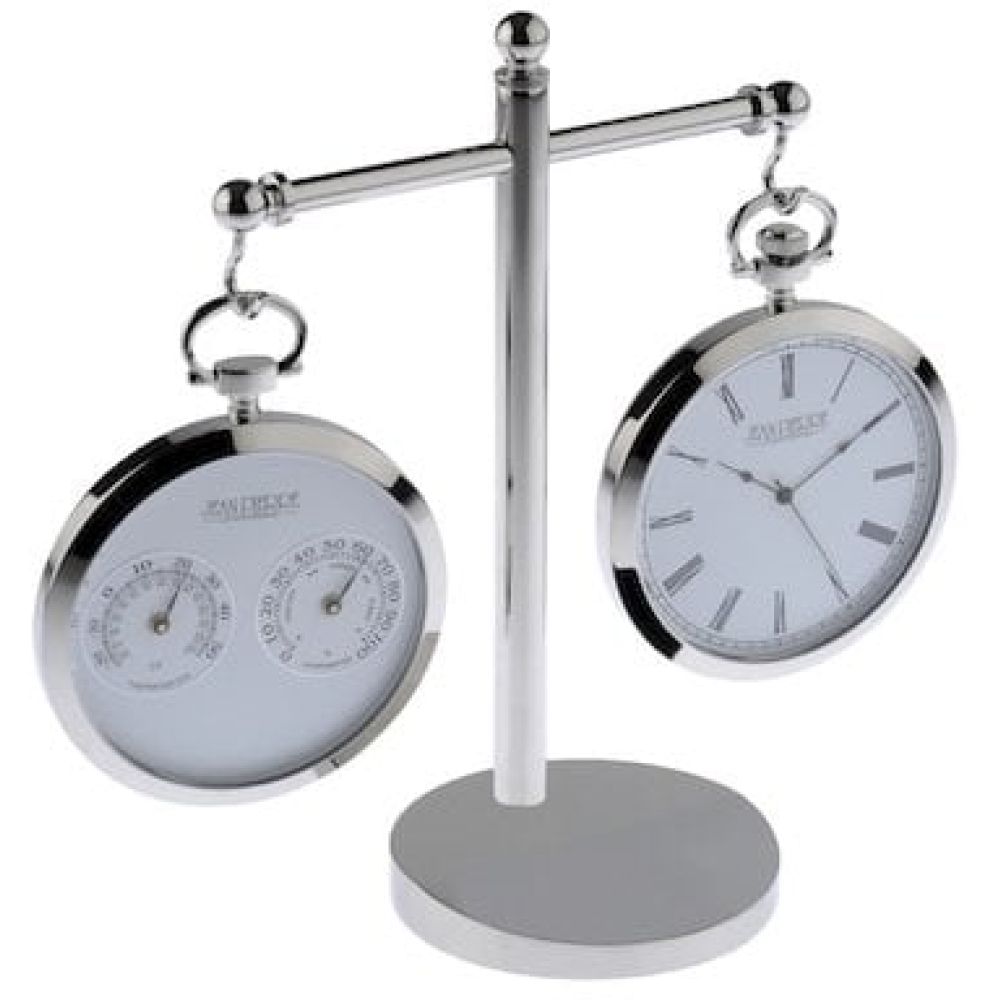 Polished Chrome Executive Desk Clock & Thermometer /Hygrometer Set With Stand