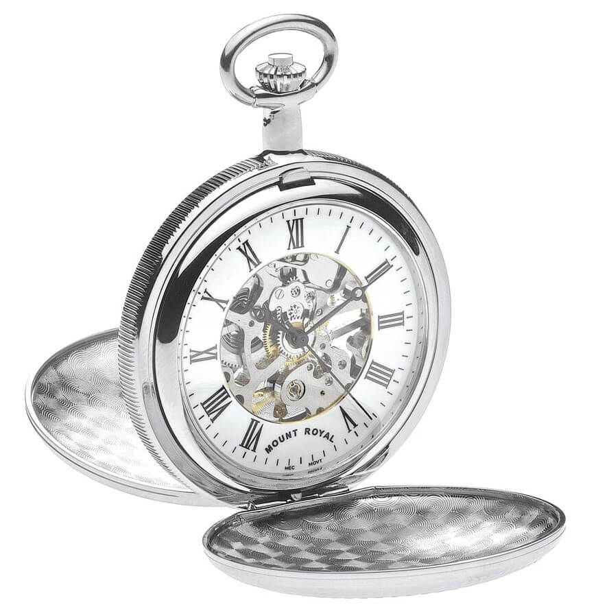 Chrome Polished Mechanical Double Hunter Pocket Watch With Roman Indexes