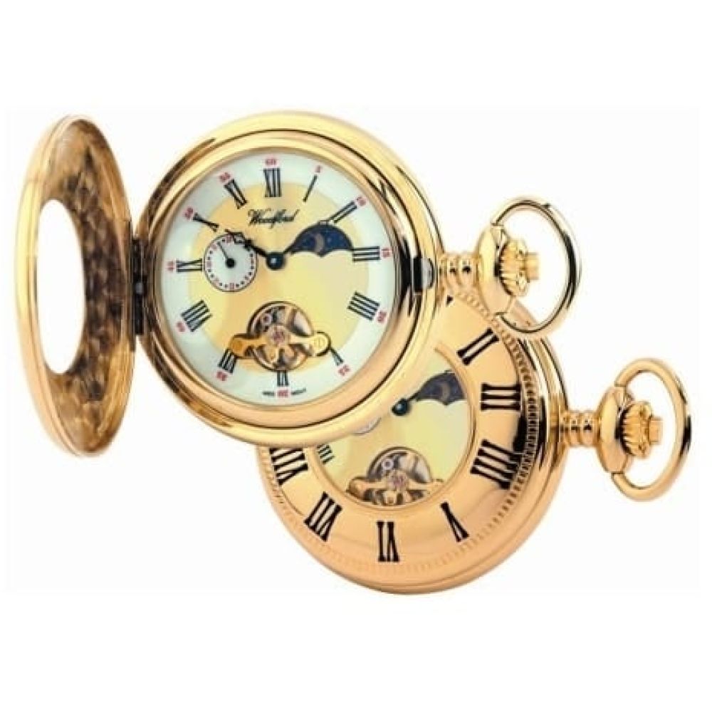 Gold Plated 17 Jewel Moon Dial Mechanical Full Hunter Pocket Watch