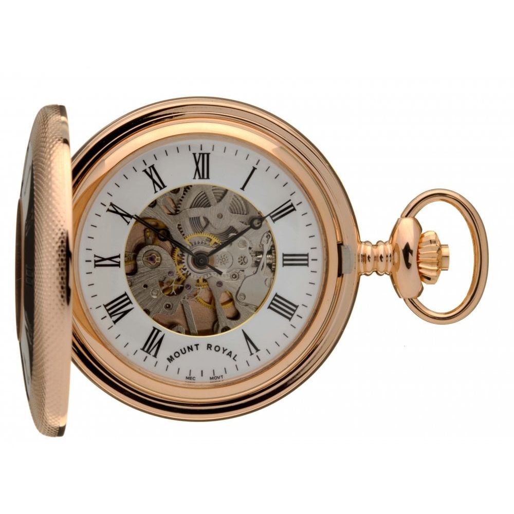 Rose Gold Polished Mechanical Half Hunter Pocket Watch With Roman Indexes