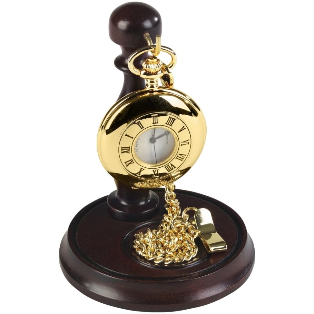 Gents Gold Plated Stainless Steel Half Hunter Pocket Watch With Chain & Stand
