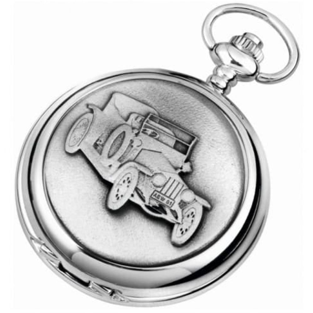 Vintage Car Chrome Pewter Quartz Full Hunter Pocket Watch