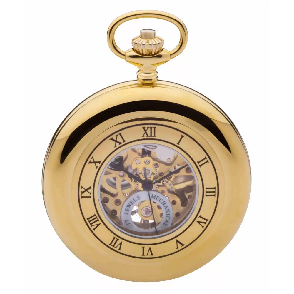 Gold Plated Mechanical Double Half Hunter Pocket Watch With Heartbeat Window