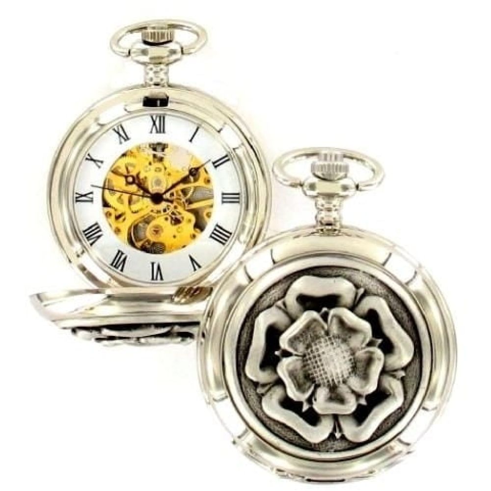 English Rose Mechanical Chrome Pewter Double Hunter Pocket Watch