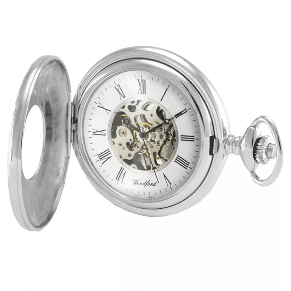 Half Hunter Sterling Silver Skeleton Mechanical Pocket Watch