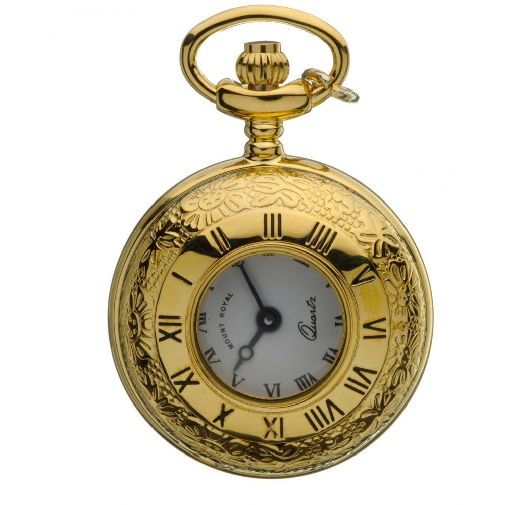 Gold Tone Half Hunter Quartz Pendant Necklace Watch With Roman Indexes