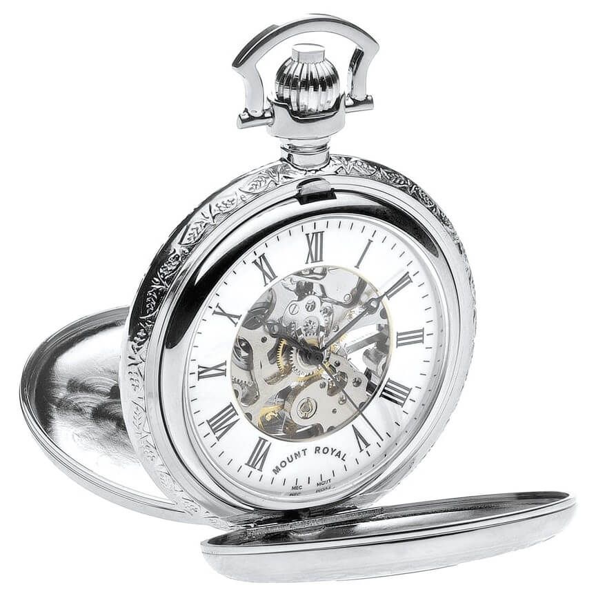 Chrome Polished Mechanical Double Half Hunter Pocket Watch With Roman Indexes