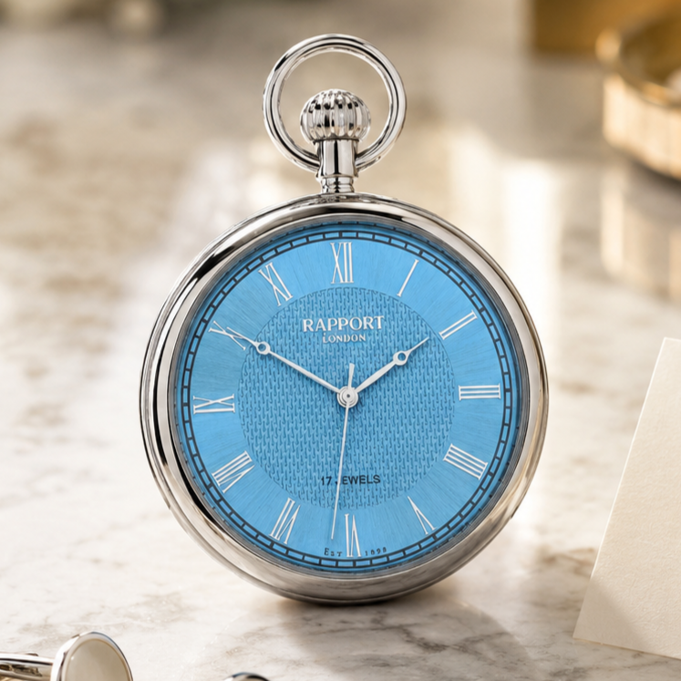 17-Jewel Mechanical Ice Blue Open Face Silver Pocket Watch