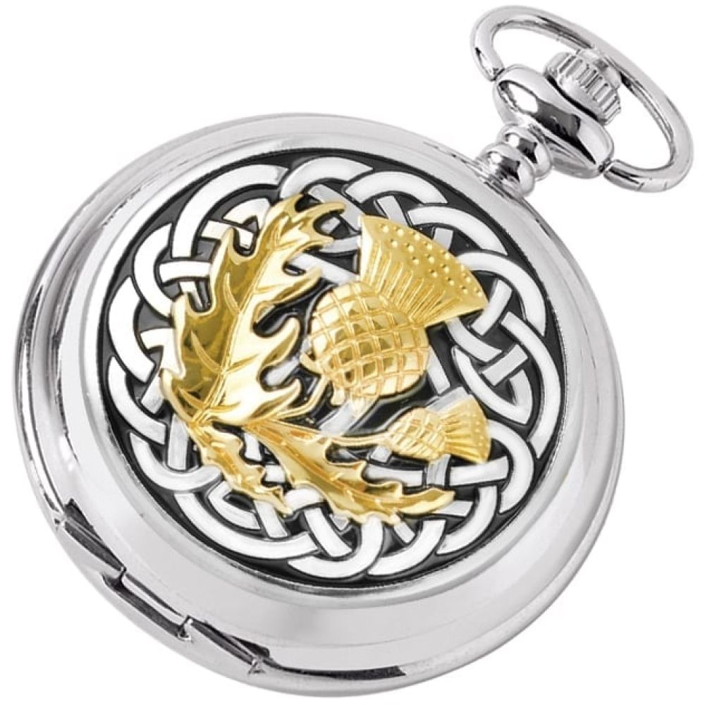 Chrome Finish Double Hunter With Gold Scottish Thistle Mechanical Pocket Watch