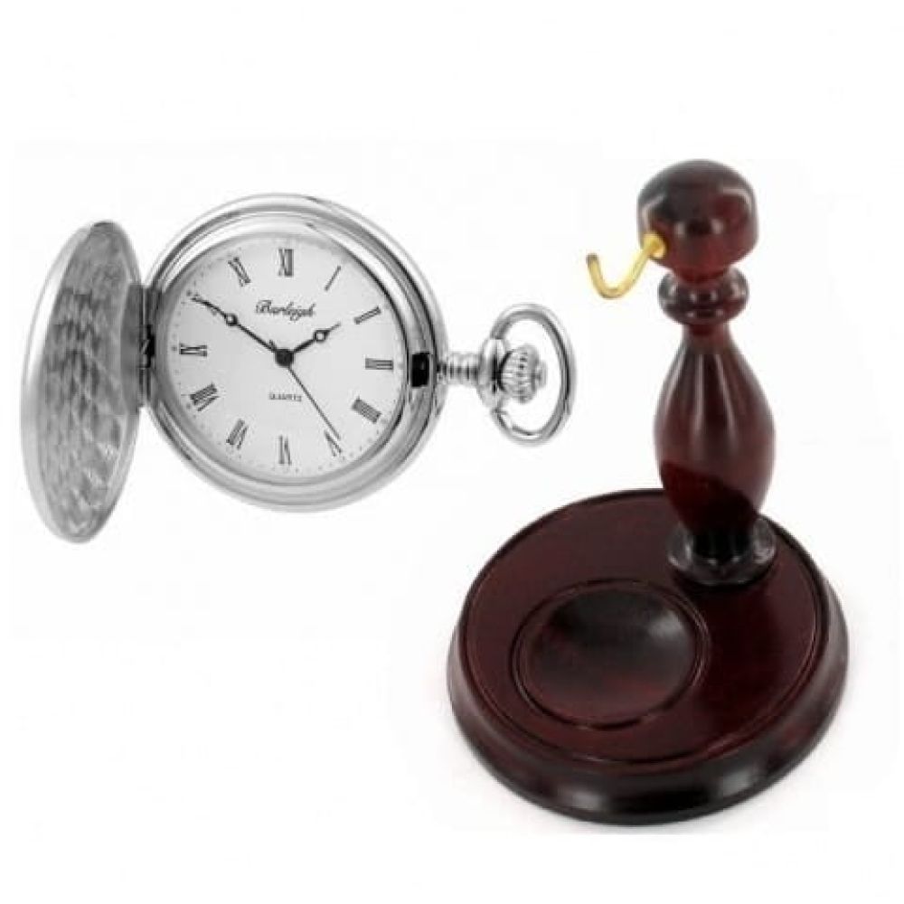 Polished Stainless Steel Full Hunter  Pocket Watch With Chain & Stand