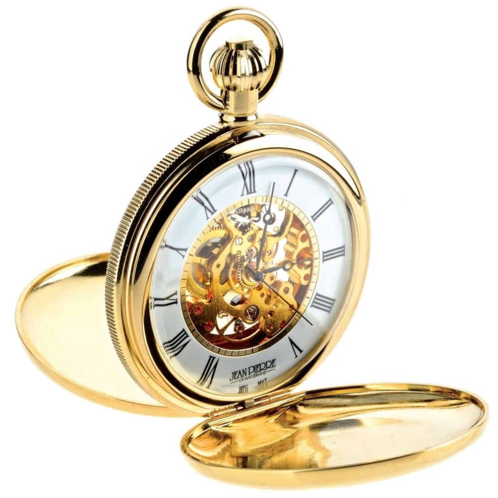 Gold Toned Double Hunter Mechanical Pocket Watch With Heartbeat Window