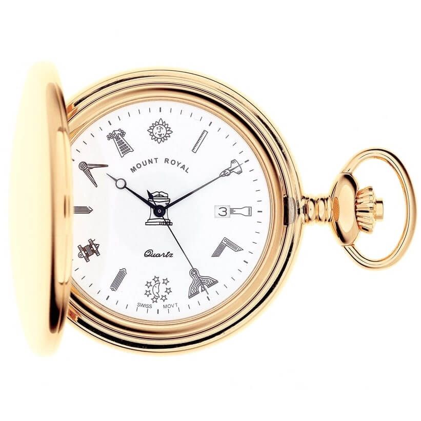 Masonic Gold Tone Full Hunter Quartz Pocket Watch