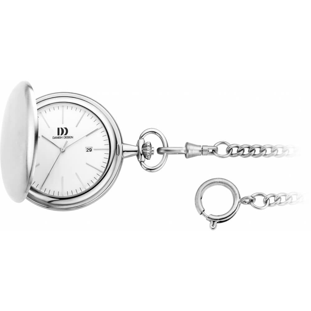 Brushed Chrome Full Hunter Pocket Watch And Chain with White Face