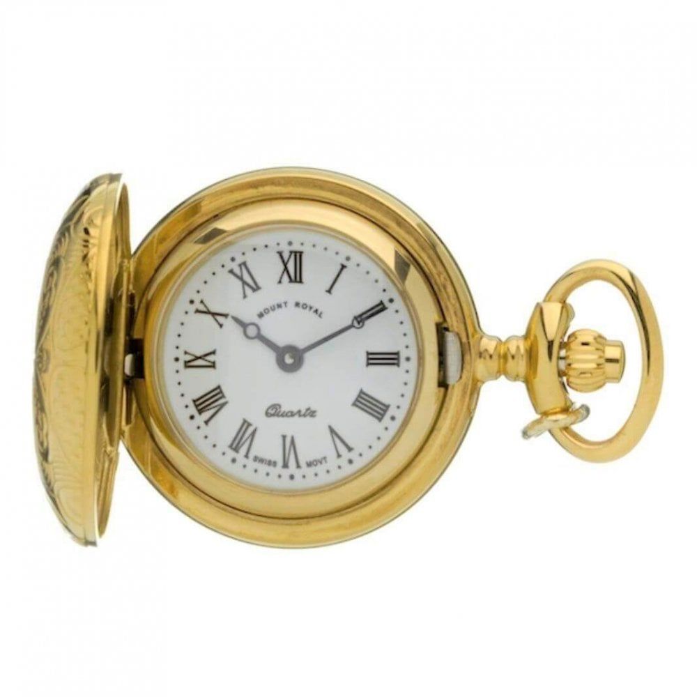 Gold Tone Full Hunter Pattern Quartz Pendant Necklace Watch With Roman Indexes