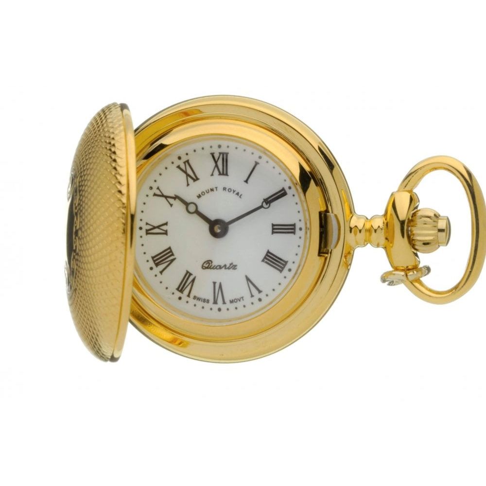 Gold Tone Shield Design Full Hunter Quartz Pendant Necklace Watch