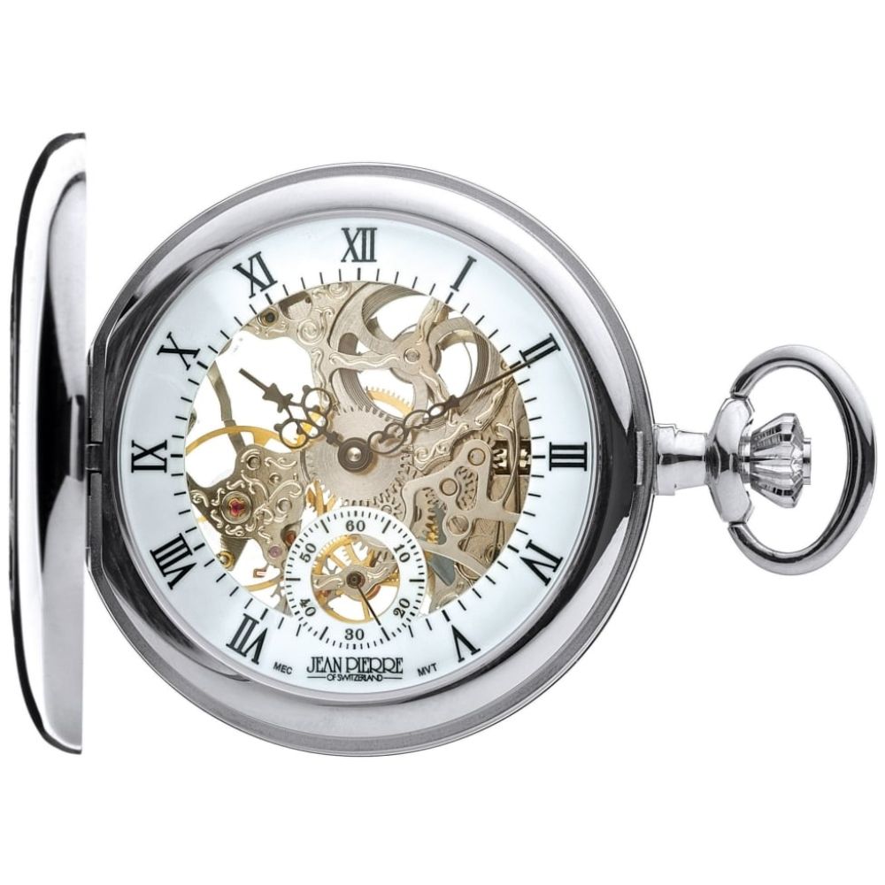 Polished Chrome Half Hunter Mechanical Pocket Watch With Open Back