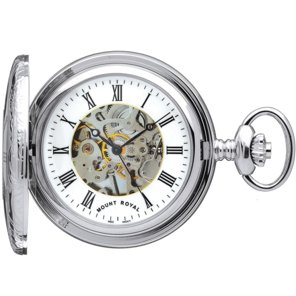 Polished Chrome Mechanical Half Hunter Pocket Watch with Skeleton Display & Roman Numerals