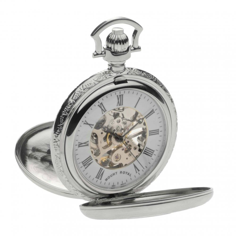Chrome Polished Mechanical Double Half Hunter Pocket Watch With Roman Indexes
