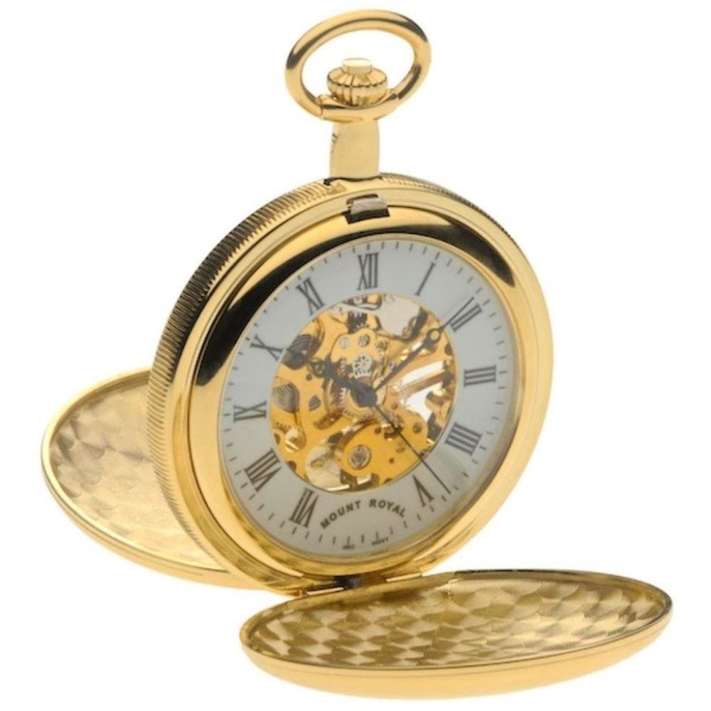 Gold Tone Skeleton Mechanical Double Hunter Pocket Watch With Roman Indexes