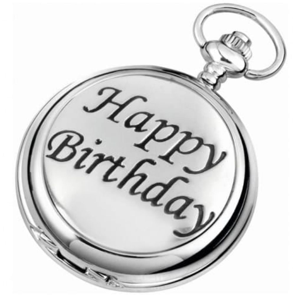 Happy Birthday Full Hunter Chrome Pewter Quartz Pocket Watch