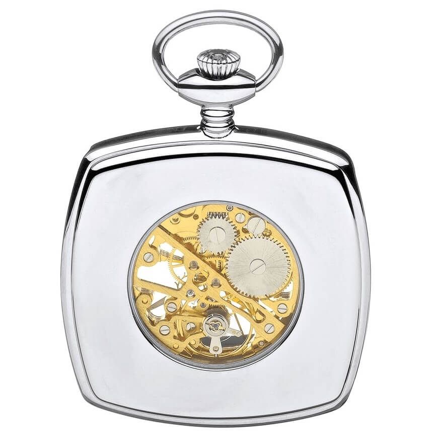 Chrome Polished Two Tone Mechanical Open Face Square Pocket Watch