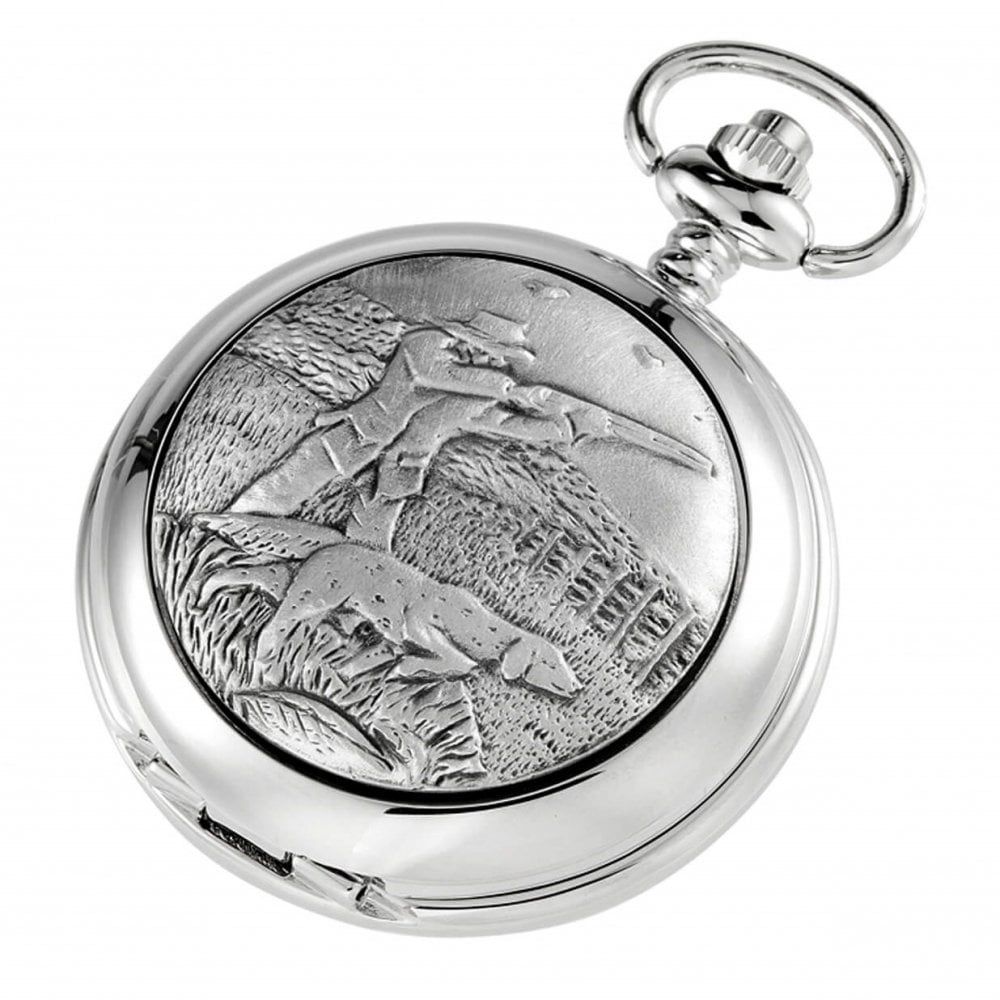 Double Hunter Shooting Chrome Pewter Mechanical Pocket Watch W1882S Greenwich Pocket Watch