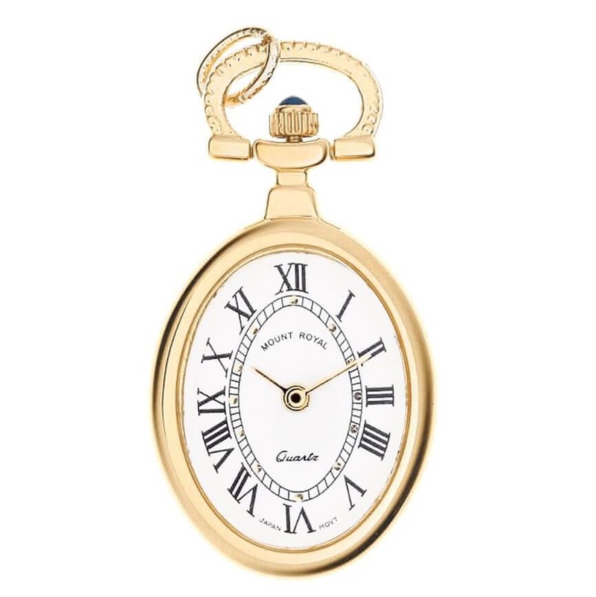 Gold Tone Open Face Quartz Oval Pendant Necklace Watch With Roman Indexes