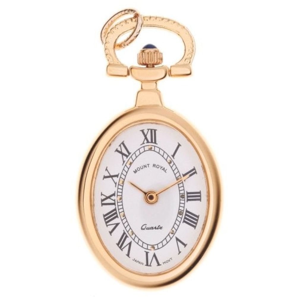 Gold Tone Open Face Quartz Oval Pendant Necklace Watch With Roman Indexes