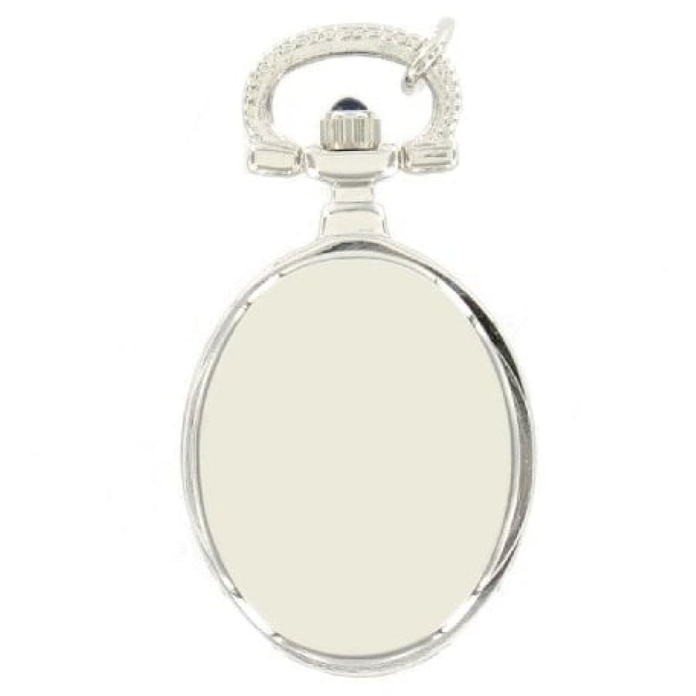 Polished Chrome Open Face Quartz Oval Pendant Necklace Watch With Arabic Indexes