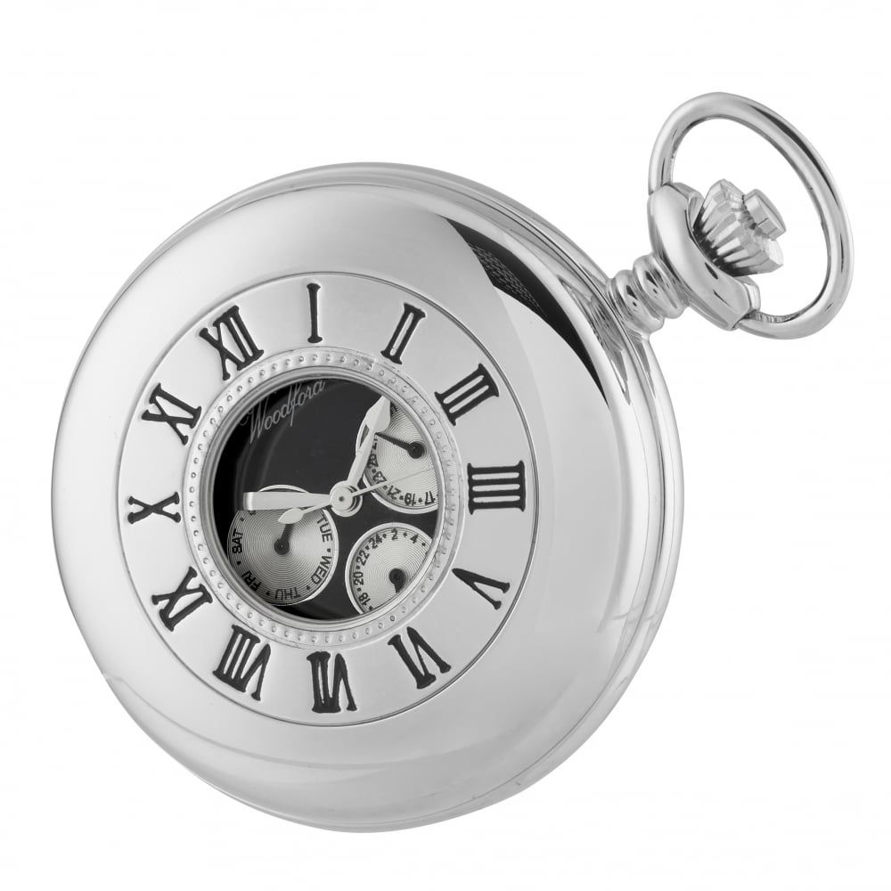 Chrome Plated Half Hunter Pocket Watch with Day/Date Display