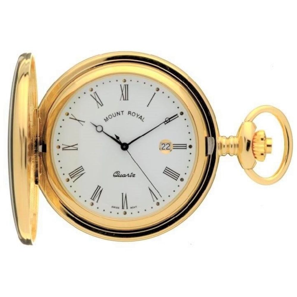 Gold Tone Swiss Quartz Full Hunter Pocket Watch With Roman Indexes
