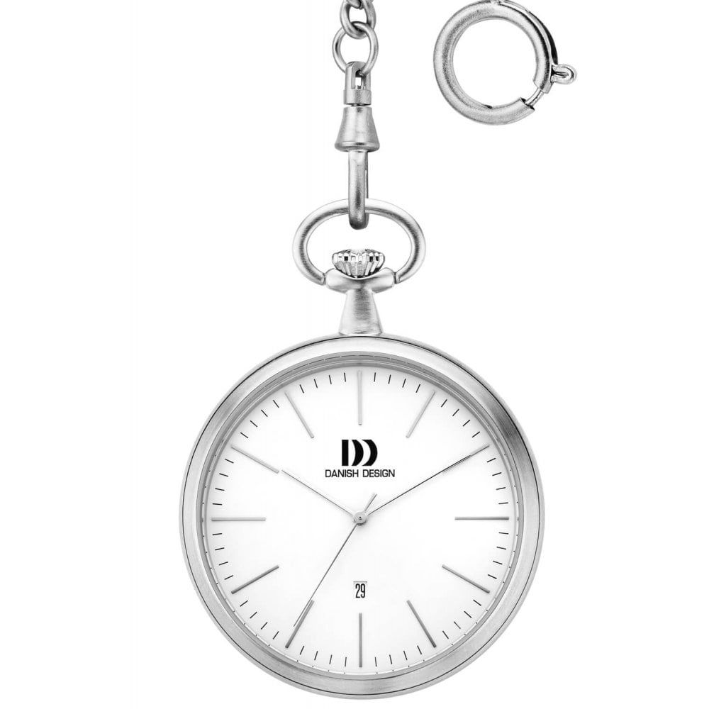 White Face Chrome Plated Pocket Watch with Chain