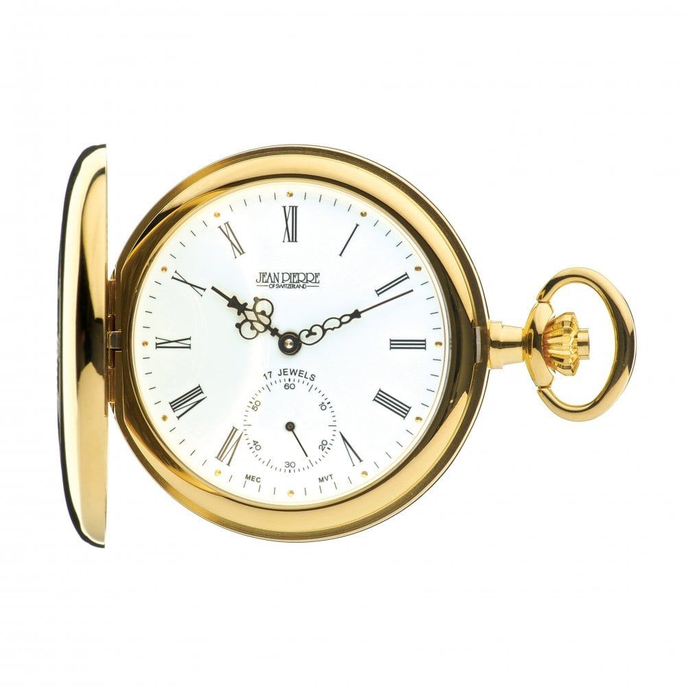 Gold Tone Half Hunter Mechanical Pocket Watch With White Face