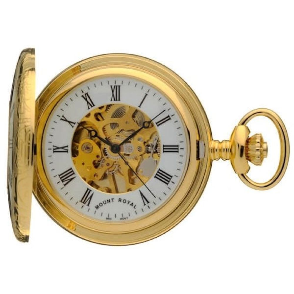 Gold Tone Mechanical Half Hunter Pocket Watch With Roman Numerals & Skeleton Display