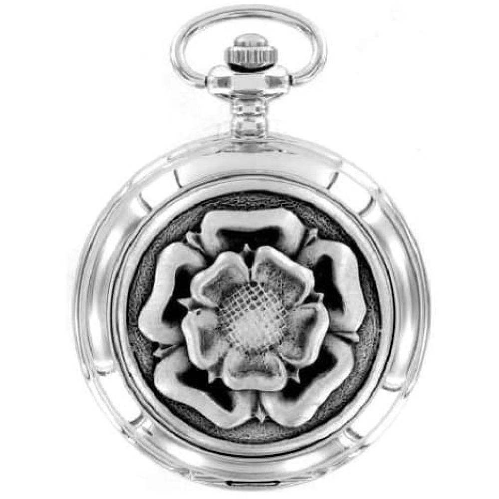 English Rose Mechanical Chrome Pewter Double Hunter Pocket Watch