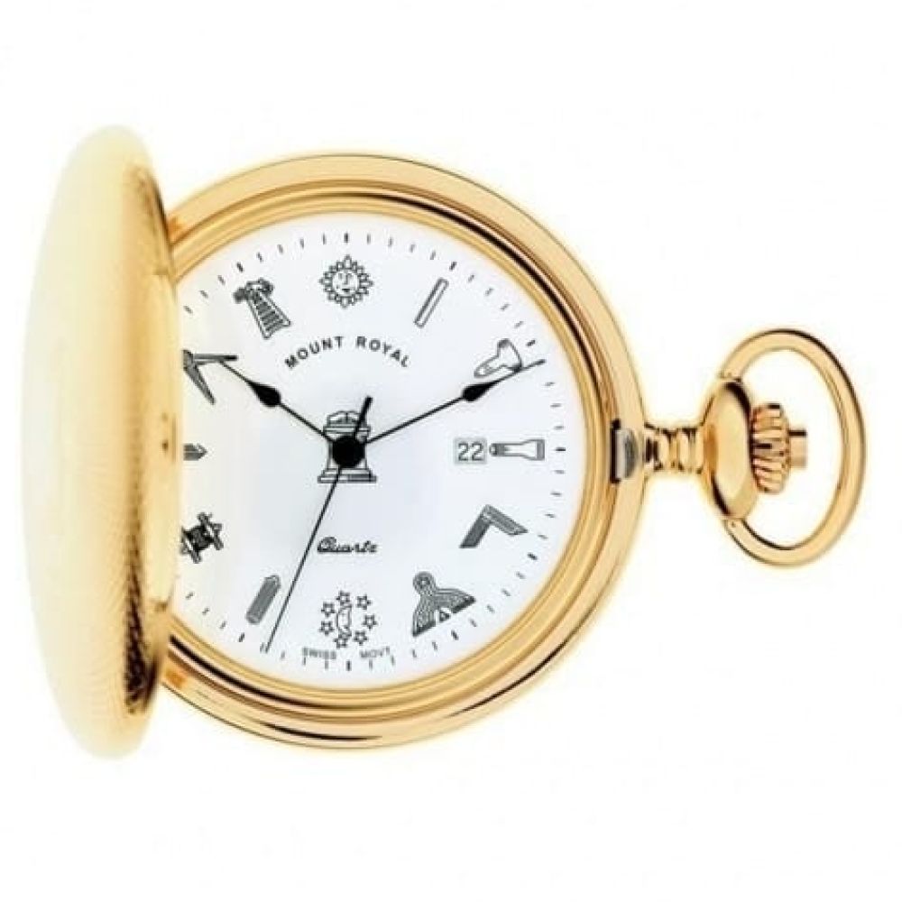 Gold Toned Masonic Engine Turned Quartz Full Hunter Pocket Watch