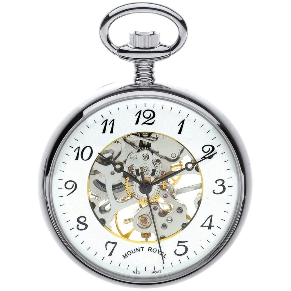 Chrome Plated Swiss Mechanical Open Face Skeleton Pocket Watch with Arabic Indexes