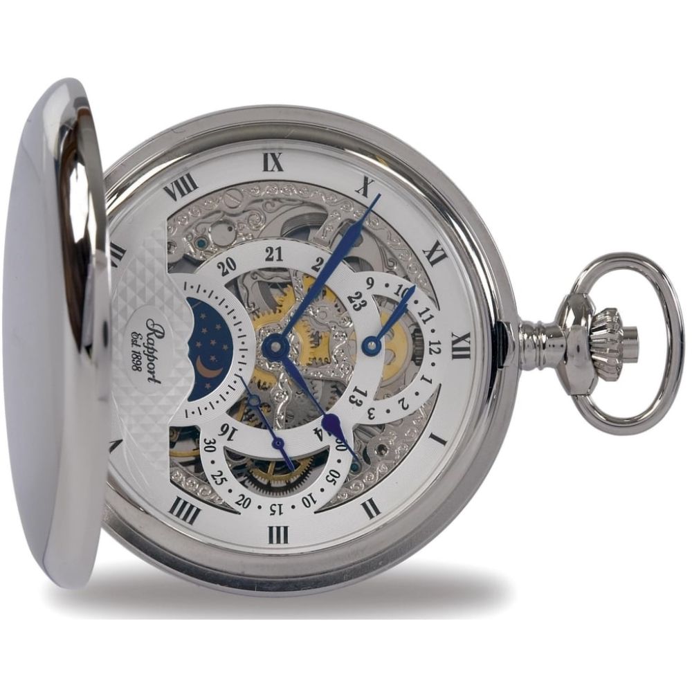 Silver Tone Mechanical Moon Dial Double Hunter Pocket Watch