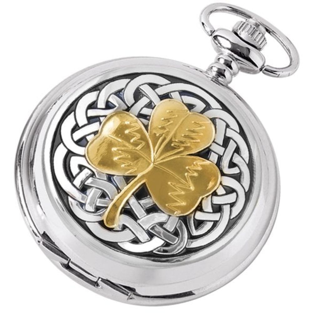 Chrome Finish & Gold Irish Shamrock Full Hunter Pocket Watch