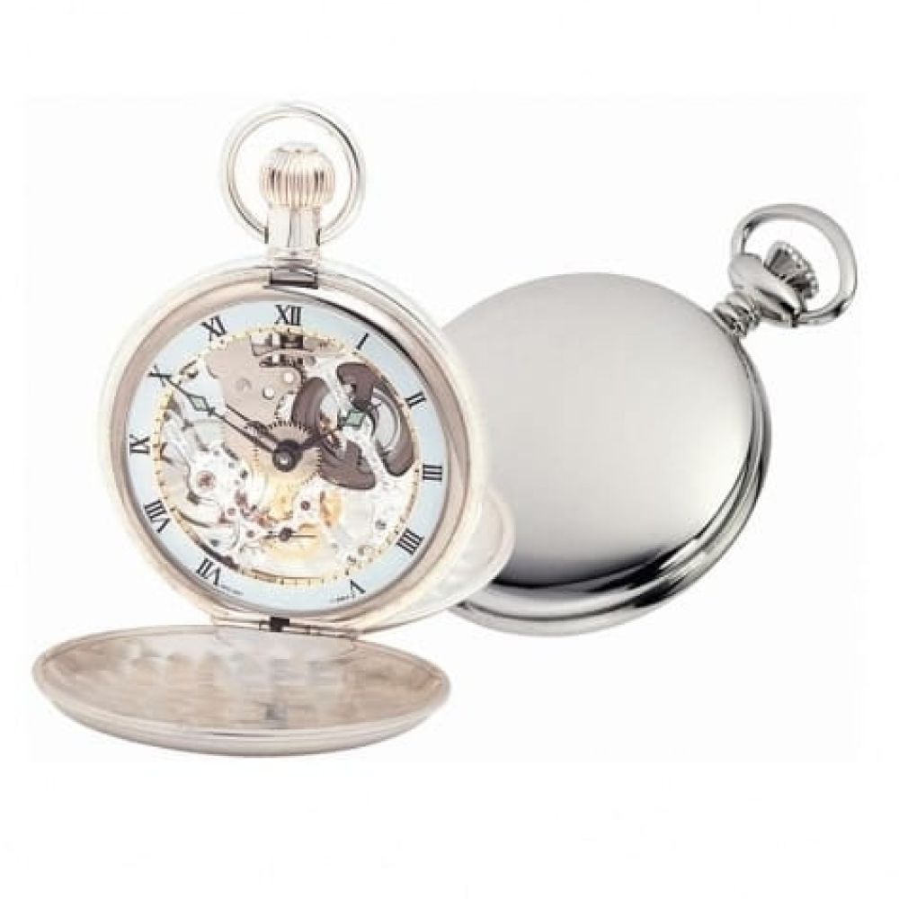 Solid Sterling Silver Swiss 17 Jewel Mechanical Double Hunter Pocket Watch With Chain