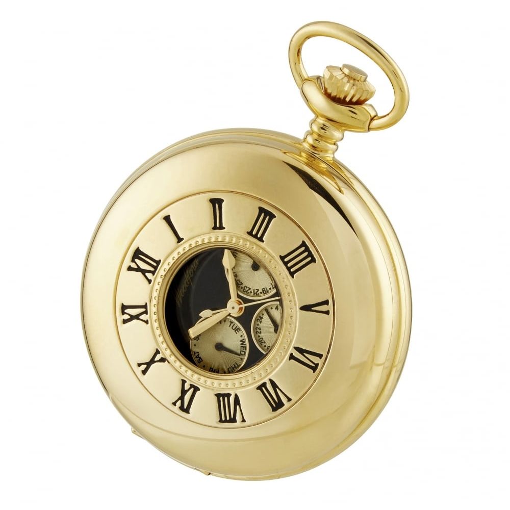 Gold Plated Half Hunter Pocket Watch with Day/Date Display