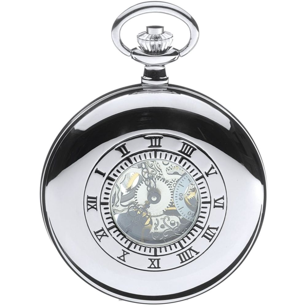 Polished Chrome Half Hunter Mechanical Pocket Watch With Open Back