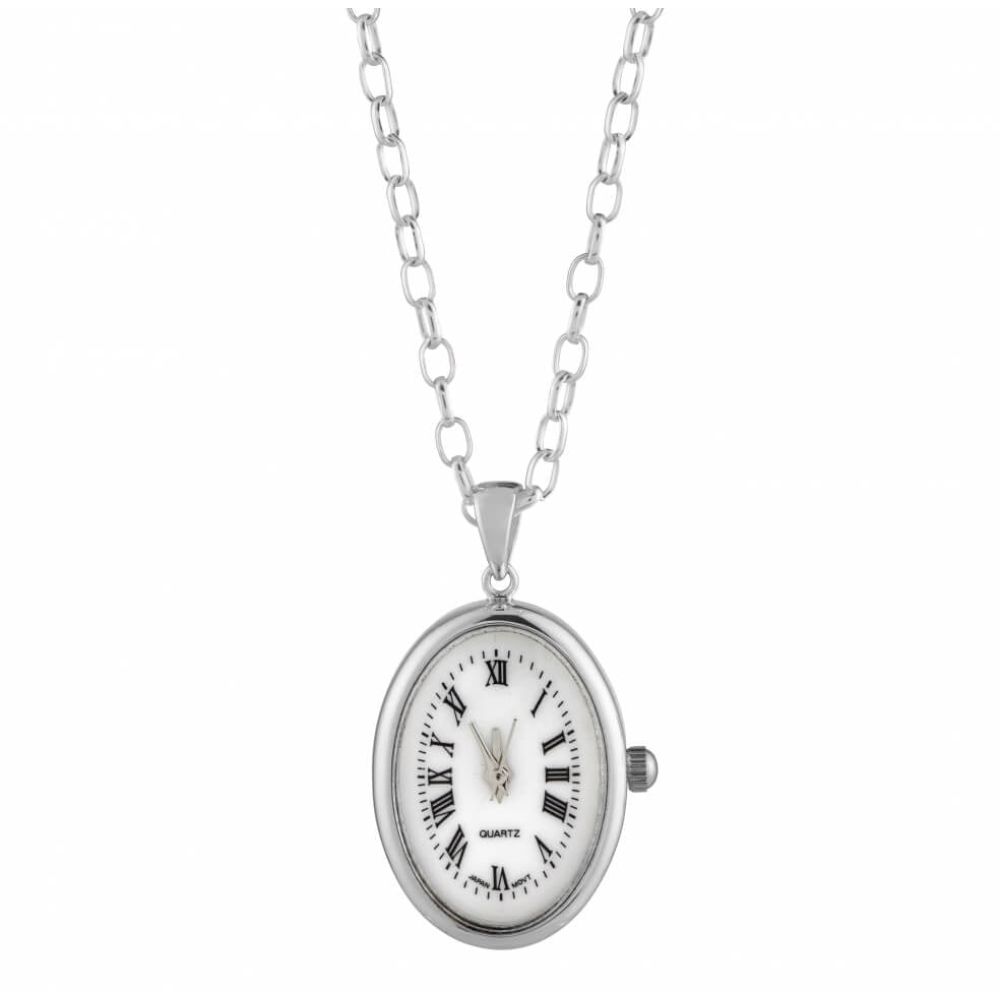 Chrome Oval Quartz Pendant Necklace Watch