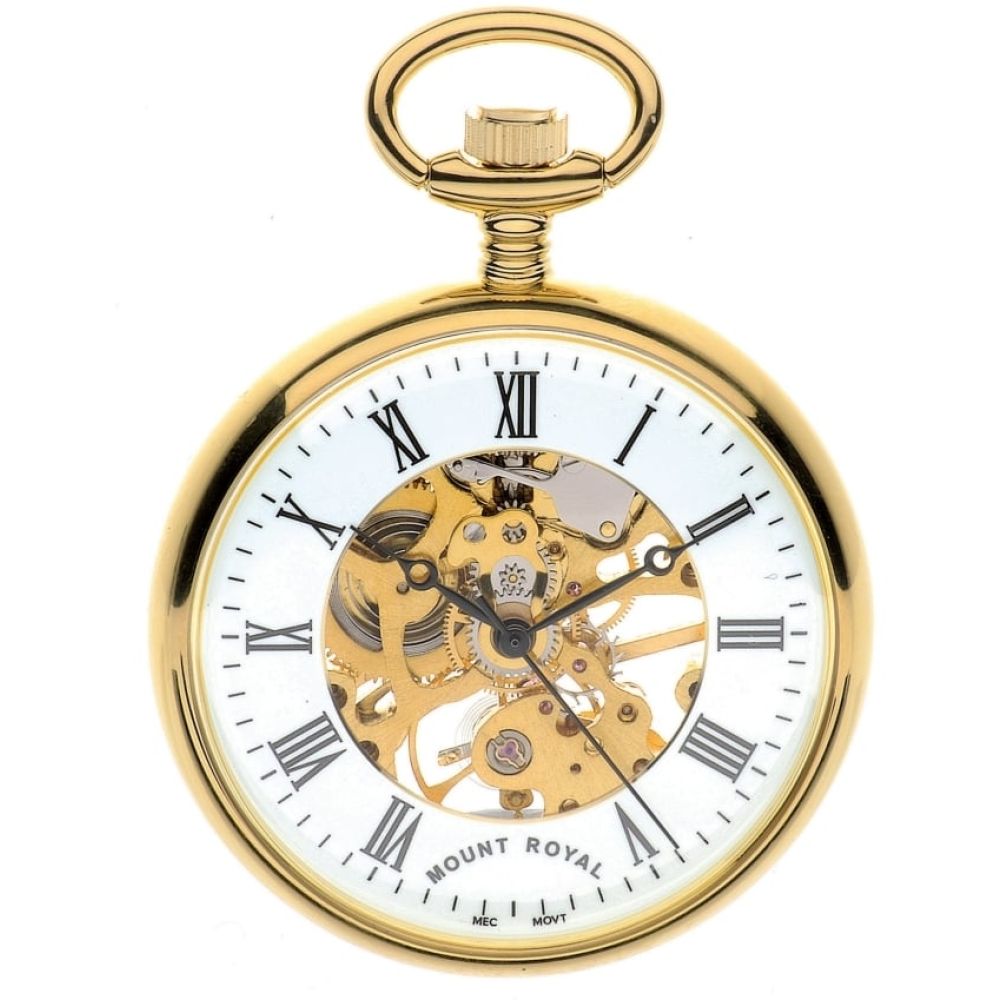 Gold Tone Swiss Mechanical Open Face Skeleton Pocket Watch with Roman Indexes