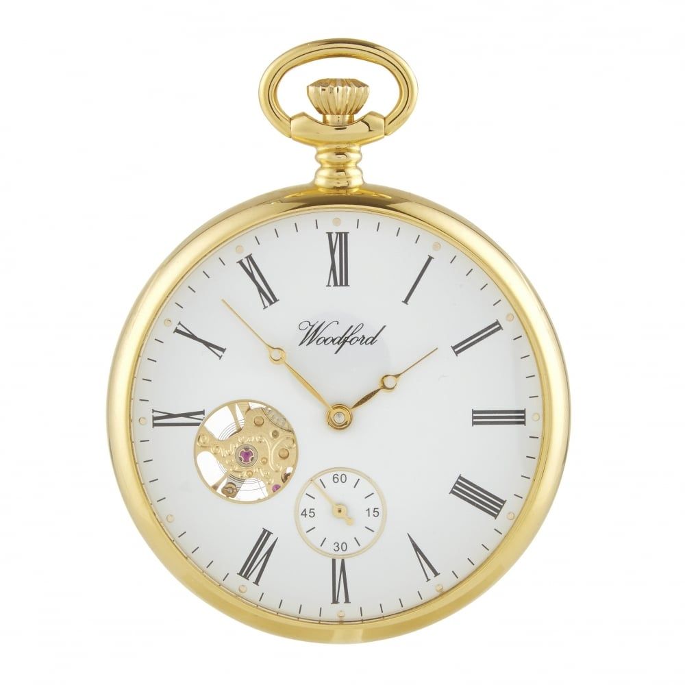 Gold Plated Open Face Heartbeat Skeleton Pocket Watch
