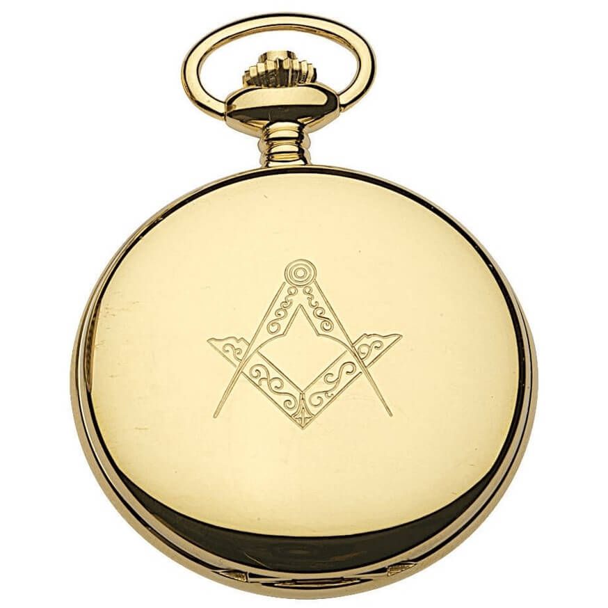 Gold Tone Full Hunter Swiss  Quartz Pocket Watch With Masonic Dial