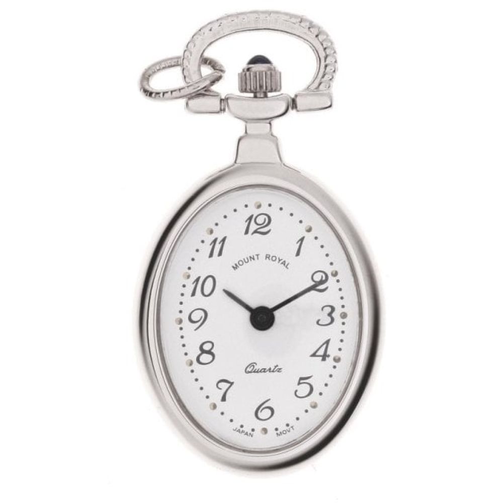 Polished Chrome Open Face Quartz Oval Pendant Necklace Watch With Arabic Indexes